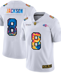 Baltimore Ravens #8 Lamar Jackson Men's White Nike Multi-Color 2020 NFL Crucial Catch Limited NFL Jersey