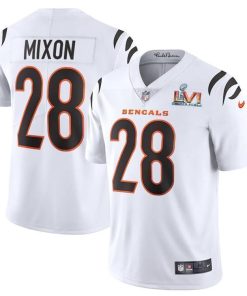 Cincinnati Bengals #28 Joe Mixon White Super Bowl LVI Patch Men's Nike Vapor Limited Jersey