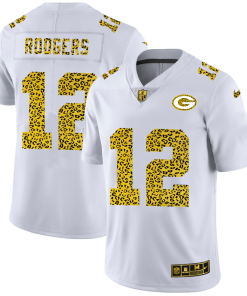 Green Bay Packers #12 Aaron Rodgers Men's Nike Flocked Leopard Print Vapor Limited NFL Jersey White
