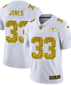 Green Bay Packers #33 Aaron Jones Men's Nike Flocked Leopard Print Vapor Limited NFL Jersey White