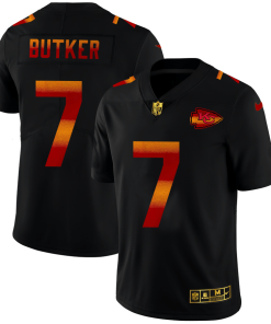 Kansas City Chiefs #7 Harrison Butker Men's Black Nike Red Orange Stripe Vapor Limited NFL Jersey
