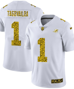 Miami Dolphins #1 Tua Tagovailoa Men's Nike Flocked Leopard Print Vapor Limited NFL Jersey White