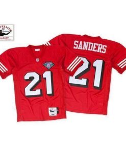 Mitchell And Ness 75TH San Francisco 49ers #21 Deion Sanders Red Stitched Throwback NFL Jersey Men's