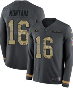 Nike 49ers #16 Joe Montana Anthracite Salute To Service Men's Stitched NFL Limited Therma Long Sleeve Jersey