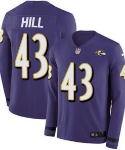 Nike Baltimore Ravens #43 Justice Hill Purple Team Color Men's Stitched NFL Limited Therma Long Sleeve Jersey Men's