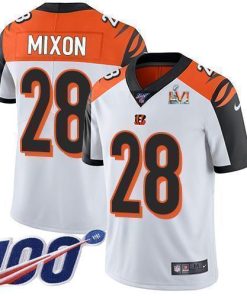 Nike Bengals #28 Joe Mixon White Super Bowl LVI Patch Men's Stitched NFL 100th Season Vapor Limited Jersey