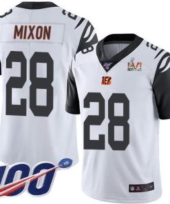 Nike Bengals #28 Joe Mixon White Super Bowl LVI Patch Men's Stitched NFL Limited Rush 100th Season Jersey