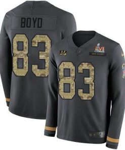 Nike Bengals #83 Tyler Boyd Anthracite Super Bowl LVI Patch Salute To Service Men's Stitched NFL Limited Therma Long Sleeve Jersey