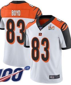 Nike Bengals #83 Tyler Boyd White Super Bowl LVI Patch Men's Stitched NFL 100th Season Vapor Limited Jersey