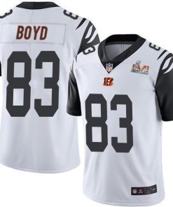 Nike Bengals #83 Tyler Boyd White Super Bowl LVI Patch Men's Stitched NFL Limited Rush Jersey