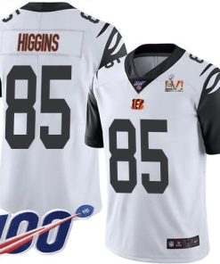 Nike Bengals #85 Tee Higgins White Super Bowl LVI Patch Men's Stitched NFL Limited Rush 100th Season Jersey