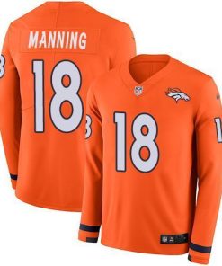 Nike Broncos #18 Peyton Manning Orange Team Color Men's Stitched NFL Limited Therma Long Sleeve Jersey