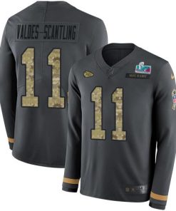 Nike Chiefs #11 Marquez Valdes-Scantling Anthracite Salute To Service Super Bowl LVII Patch Men's Stitched NFL Limited Therma Long Sleeve Jersey