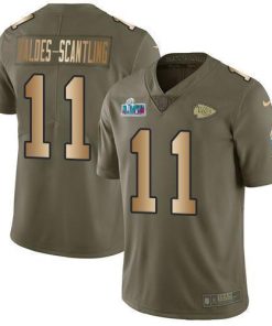 Nike Chiefs #11 Marquez Valdes-Scantling Olive/Gold Super Bowl LVII Patch Men's Stitched NFL Limited 2017 Salute To Service Jersey