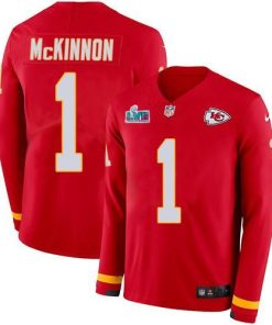 Nike Chiefs #1 Jerick McKinnon Red Team Color Super Bowl LVII Patch Men's Stitched NFL Limited Therma Long Sleeve Jersey