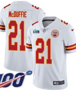 Nike Chiefs #21 Trent McDuffie White Super Bowl LVII Patch Men's Stitched NFL 100th Season Vapor Limited Jersey