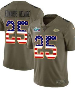 Nike Chiefs #25 Clyde Edwards-Helaire Olive/USA Flag Super Bowl LVII Patch Men's Stitched NFL Limited 2017 Salute To Service Jersey