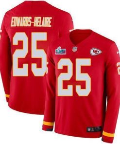 Nike Chiefs #25 Clyde Edwards-Helaire Red Team Color Super Bowl LVII Patch Men's Stitched NFL Limited Therma Long Sleeve Jersey
