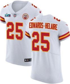 Nike Chiefs #25 Clyde Edwards-Helaire White Super Bowl LVII Patch Men's Stitched NFL Vapor Untouchable Elite Jersey