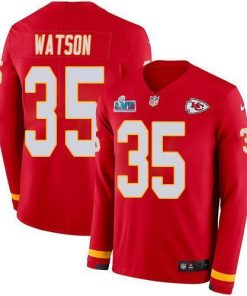 Nike Chiefs #35 Jaylen Watson Red Team Color Super Bowl LVII Patch Men's Stitched NFL Limited Therma Long Sleeve Jersey