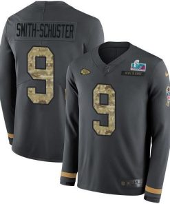 Nike Chiefs #9 JuJu Smith-Schuster Anthracite Super Bowl LVII Patch Salute To Service Men's Stitched NFL Limited Therma Long Sleeve Jersey