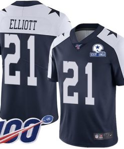 Nike Cowboys #21 Ezekiel Elliott Navy Blue Thanksgiving Men's Stitched With Established In 1960 Patch NFL 100th Season Vapor Untouchable Limited Throwback