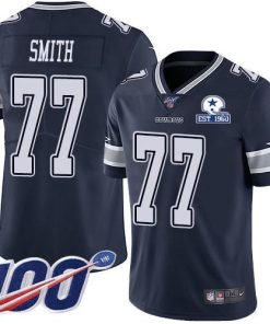 Nike Dallas Cowboys #77 Tyron Smith Navy Blue Team Color Men's Stitched With Established In 1960 Patch NFL 100th Season Vapor Untouchable Limited Jersey Me