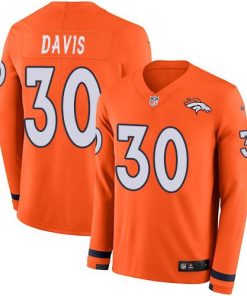 Nike Denver Broncos #30 Terrell Davis Orange Team Color Men's Stitched NFL Limited Therma Long Sleeve Jersey Men's