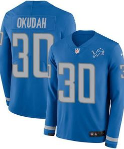 Nike Detroit Lions #30 Jeff Okudah Blue Team Color Men's Stitched NFL Limited Therma Long Sleeve Jersey Men's