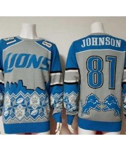 Nike Detroit Lions #81 Calvin Johnson Blue/Grey Men's Ugly Sweater Men's