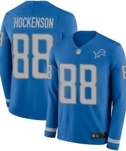 Nike Detroit Lions #88 T.J. Hockenson Blue Team Color Men's Stitched NFL Limited Therma Long Sleeve Jersey Men's