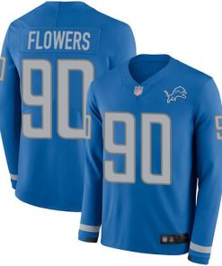 Nike Detroit Lions #90 Trey Flowers Blue Team Color Men's Stitched NFL Limited Therma Long Sleeve Jersey Men's