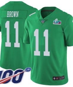 Nike Eagles #11 A.J. Brown Green Super Bowl LVII Patch Men's Stitched NFL Limited Rush 100th Season Jersey
