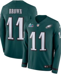 Nike Eagles #11 A.J. Brown Green Team Color Super Bowl LVII Patch Men's Stitched NFL Limited Therma Long Sleeve Jersey