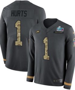 Nike Eagles #1 Jalen Hurts Anthracite Super Bowl LVII Patch Salute To Service Men's Stitched NFL Limited Therma Long Sleeve Jersey