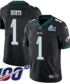 Nike Eagles #1 Jalen Hurts Black Super Bowl LVII Patch Alternate Men's Stitched NFL 100th Season Vapor Limited Jersey