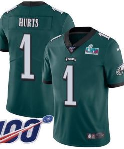 Nike Eagles #1 Jalen Hurts Green Team Color Super Bowl LVII Patch Men's Stitched NFL 100th Season Vapor Limited Jersey