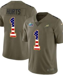 Nike Eagles #1 Jalen Hurts Olive/USA Flag Super Bowl LVII Patch Men's Stitched NFL Limited 2017 Salute To Service Jersey