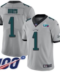 Nike Eagles #1 Jalen Hurts Silver Super Bowl LVII Patch Men's Stitched NFL Limited Inverted Legend 100th Season Jersey