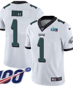 Nike Eagles #1 Jalen Hurts White Super Bowl LVII Patch Men's Stitched NFL 100th Season Vapor Limited Jersey