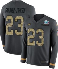 Nike Eagles #23 C.J. Gardner-Johnson Anthracite Salute To Service Super Bowl LVII Patch Men's Stitched NFL Limited Therma Long Sleeve Jersey