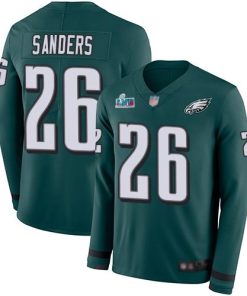 Nike Eagles #26 Miles Sanders Green Super Bowl LVII Patch Team Color Men's Stitched NFL Limited Therma Long Sleeve Jersey
