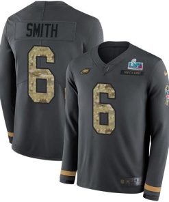 Nike Eagles #6 DeVonta Smith Anthracite Super Bowl LVII Patch Salute To Service Men's Stitched NFL Limited Therma Long Sleeve Jersey