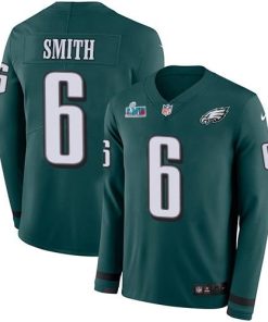 Nike Eagles #6 DeVonta Smith Green Super Bowl LVII Patch Team Color Men's Stitched NFL Limited Therma Long Sleeve Jersey