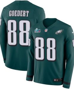 Nike Eagles #88 Dallas Goedert Green Super Bowl LVII Patch Team Color Men's Stitched NFL Limited Therma Long Sleeve Jersey