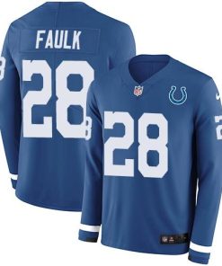Nike Indianapolis Colts #28 Marshall Faulk Royal Blue Team Color Men's Stitched NFL Limited Therma Long Sleeve Jersey Men's
