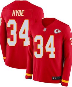 Nike Kansas City Chiefs #34 Carlos Hyde Red Team Color Men's Stitched NFL Limited Therma Long Sleeve Jersey Men's
