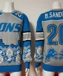 Nike Lions #20 Barry Sanders Blue/Grey Men's Ugly Sweater