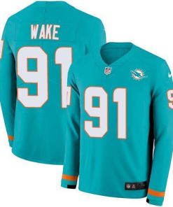 Nike Miami Dolphins #91 Cameron Wake Aqua Green Team Color Men's Stitched NFL Limited Therma Long Sleeve Jersey Men's