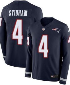 Nike New England Patriots #4 Jarrett Stidham Navy Blue Team Color Men's Stitched NFL Limited Therma Long Sleeve Jersey Men's